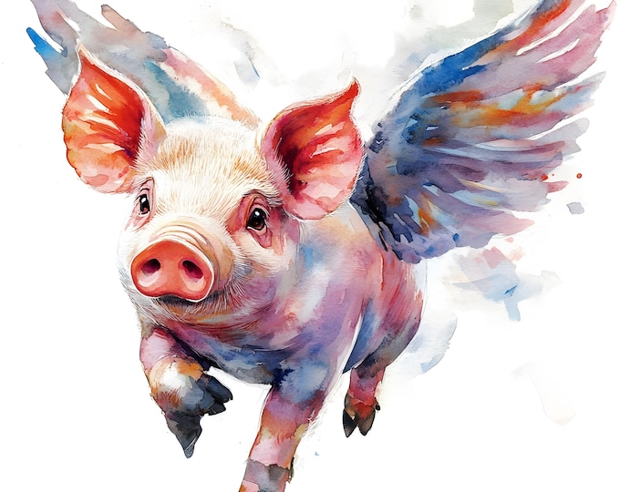 Pig with Wings Clipart, Flying Pig Images, 10 Watercolor Clip Art, Printable JPGs, Instant Download, Commercial Use, Paper craft