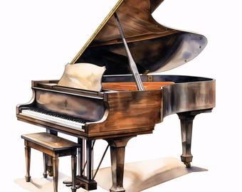 Può includere: Illustrazione ad acquerello di un pianoforte a coda e di una panca. Il pianoforte è marrone con il coperchio parzialmente aperto. La panca è anch'essa marrone. Il pianoforte ha una tastiera con tasti bianchi e neri. Il testo "Steinway & Sons" è visibile.