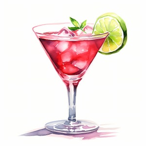 Clipart cocktail cosmopolita, immagini cocktail rosa, 10 clipart acquerello, JPG stampabili, download istantaneo, uso commerciale, artigianato con la carta