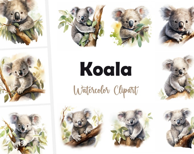 Koala Clipart, Koala Images, 10 Watercolor Clip Art, Printable JPGs, Instant Download, Commercial Use, Paper craft