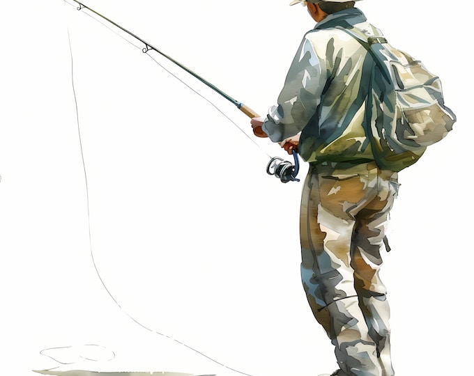 Fishing Clipart, Man Fishing Images, 10 Watercolor Clip Art, Printable JPGs, Instant Download, Commercial Use, Paper craft