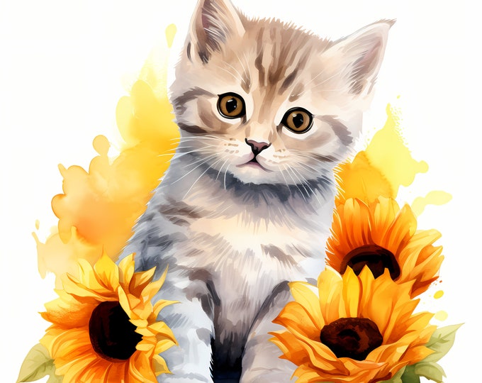 British Shorthair Kitten Clipart, Cat In Sunflower Images, 10 Watercolor Clip Art, Printable JPGs, Instant Download, Commercial Use