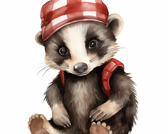Badger Clipart, Badger in Hat Images, 10 Watercolor Clip Art, Printable JPGs, Instant Download, Commercial Use, Paper craft
