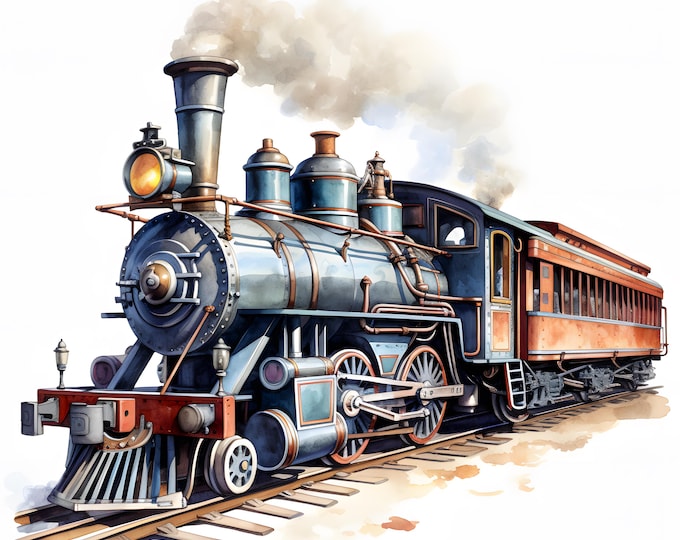 Classic Train Clipart, Locomotives Images, 10 Watercolor Clip Art, Printable JPGs, Instant Download, Commercial Use, Paper craft