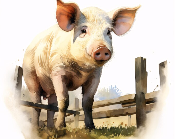 Watercolor Pig Clipart: Farm Animal JPG Images (Commercial Use, Instant Download)