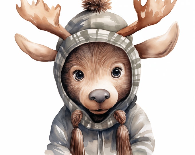 Baby Moose Clipart, Moose in Hat Images, 10 Watercolor Clip Art, Printable JPGs, Instant Download, Commercial Use, Paper craft