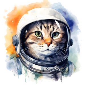 Clipart di gatto astronauta, immagini di gatto spaziale, 10 clipart ad acquerello, JPG stampabili, download istantaneo, uso commerciale, creazione di carta
