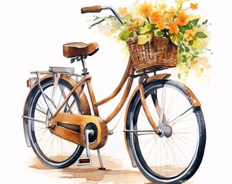 Clipart de bicicleta com flores, Imagens de bicicleta com flores, 10 clipart em aquarela, JPGs para impressão, Download instantâneo, Uso comercial, Artesanato em papel
