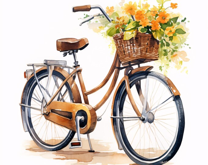 Bike with Flowers Clipart, Bike with Flowers Images, 10 Watercolor Clip Art, Printable JPGs, Instant Download, Commercial Use, Paper craft
