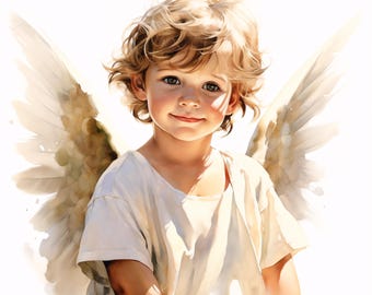 Angel Boy Clipart, Heaven Child Images, 10 Watercolor Clip Art, Printable JPGs, Instant Download, Commercial Use, Paper Craft