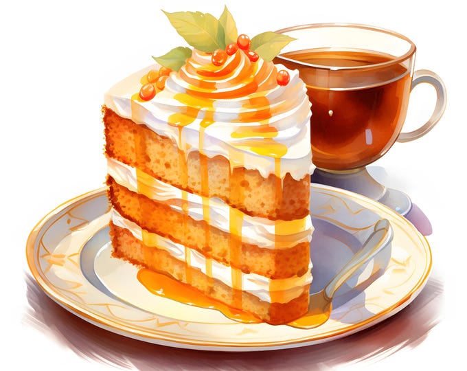 Autumn Cake Clipart, Cake With Tea Images, 10 Watercolor Clip Art, Printable JPGs, Instant Download, Commercial Use, Paper craft