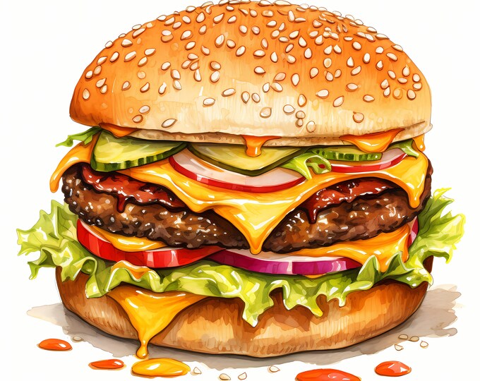 Cheeseburger Clipart, Hamburger Images, 10 Watercolor Clip Art, Printable JPGs, Instant Download, Commercial Use, Paper craft, Tasty Burger