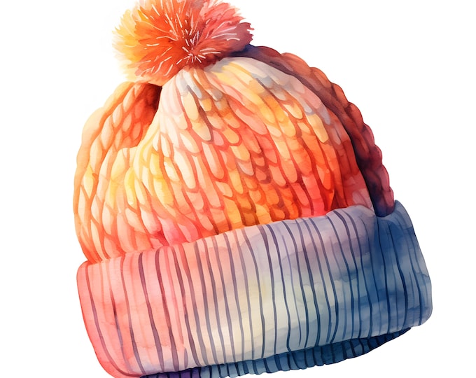 Knitted Hat Clipart, Knit Hat Images, 10 Watercolor Clip Art, Printable JPGs, Instant Download, Commercial Use, Paper craft