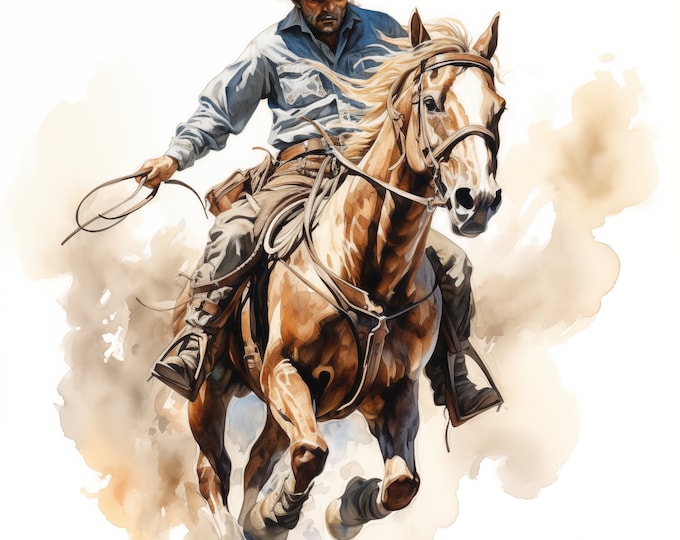 Cowboy Clipart, Cowboy on Horse Images, 10 Watercolor Clip Art, Printable JPGs, Instant Download, Commercial Use, Paper craft