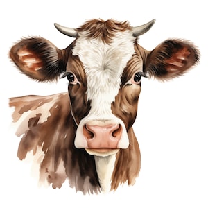 Watercolor Cow Clipart: Farm Animal Head Images (JPG Download for Commercial Use)