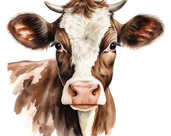 Watercolor Cow Clipart: Farm Animal Head Images (JPG Download for Commercial Use)