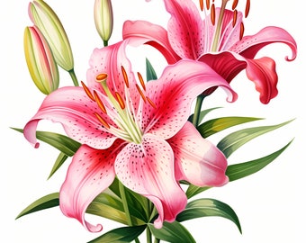 Watercolor Stargazer Lily Clipart: Floral JPG Images (Commercial Use)