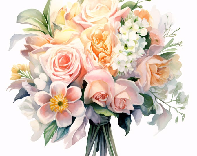 Romantic Rose Bouquet Clipart, Pastel Floral Images, 10 Watercolor Clip Art, Printable JPGs, Instant Download, Commercial Use, Paper craft