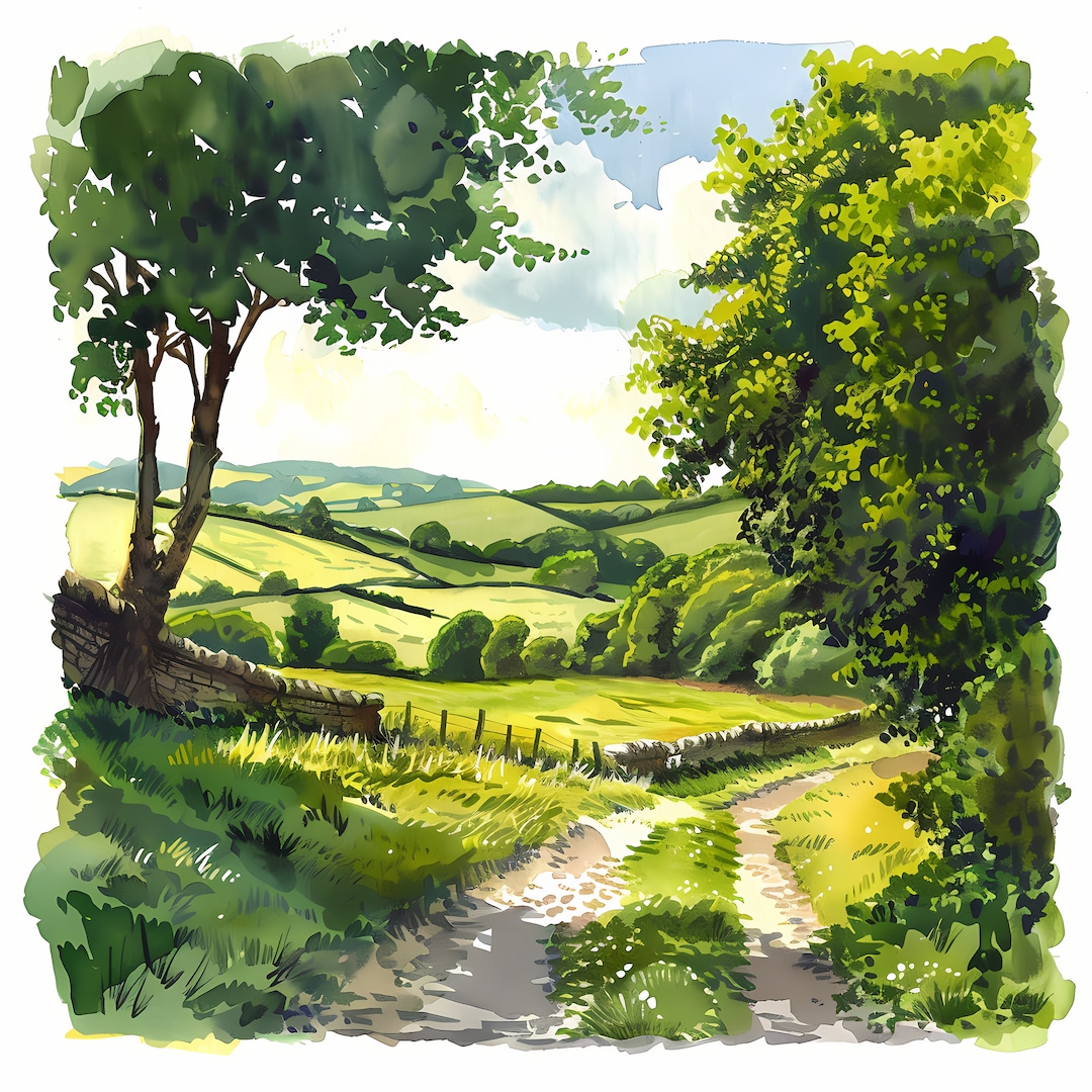 田園風景 水彩画 木製フレーム付き fbc6b65b81ec7d3351c36152616b95