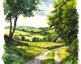 Watercolor British Countryside Clipart: Landscape JPGs (Commercial Use)