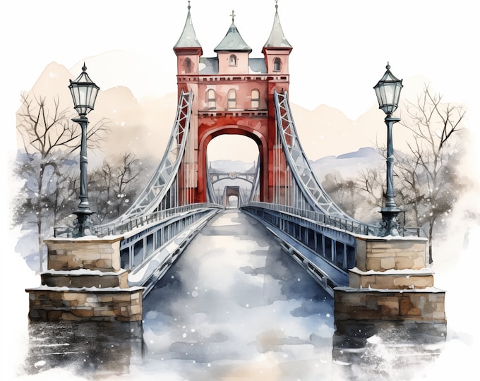 Winter Bridge Clipart, Bridge in Winter Images, 10 Watercolor Clip Art, Printable JPGs, Instant Download, Commercial Use, Paper craft
