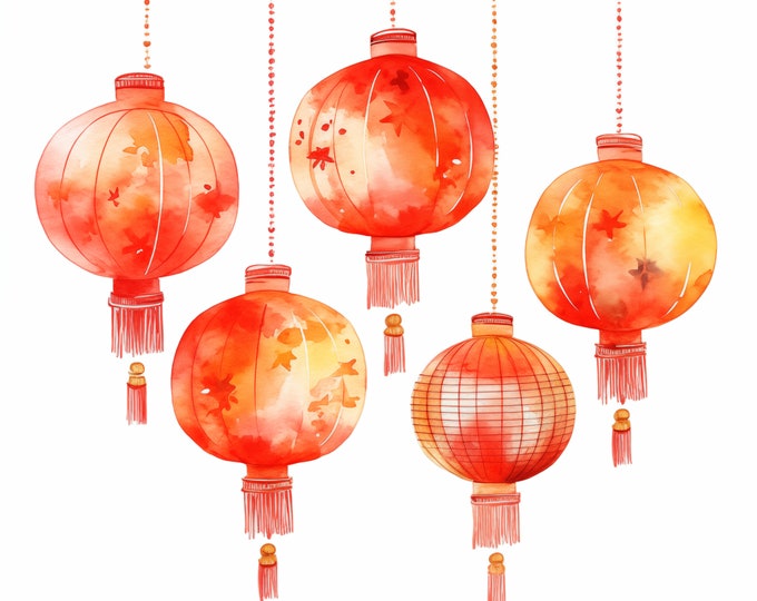 Chinese Lanterns Clipart, Lunar Year Lanterns Images, 10 Watercolor Clip Art, Printable JPGs, Instant Download, Commercial Use, Paper craft