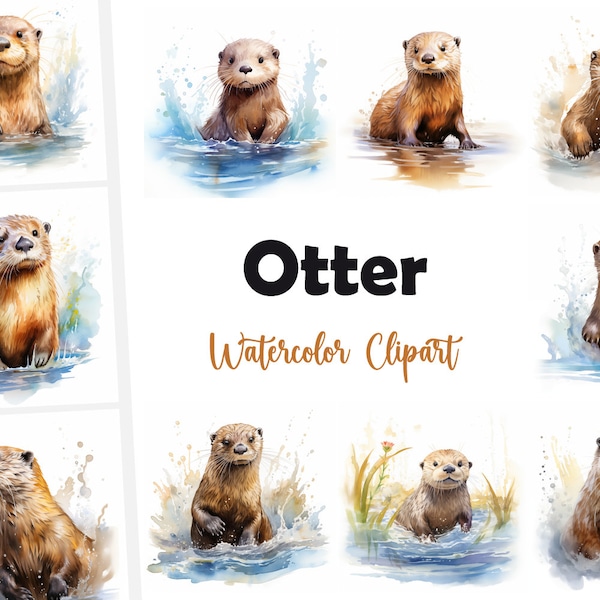 10 Otter, Sea Otter JPG, Watercolor Clipart, High Quality JPGs, Digital Download, High Resolution, Commercial Use