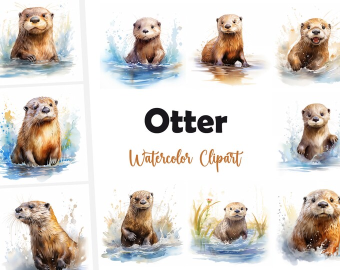 Otter Clipart, Sea Otter Images, 10 Watercolor Clip Art, Printable JPGs, Instant Download, Commercial Use, Paper craft