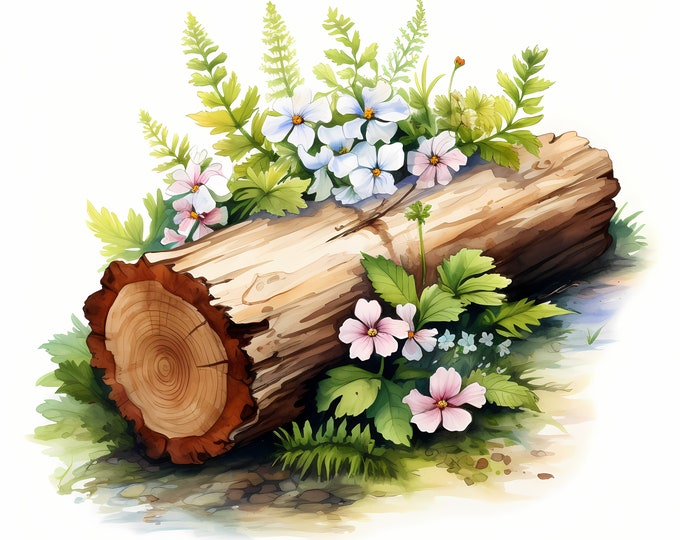 Log with Flowers Clipart, Wildflowers on Log Images, 10 Watercolor Clip Art, Printable JPGs, Instant Download, Commercial Use, Paper craft