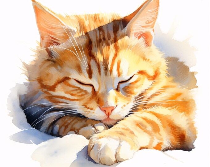 Sleeping Cat Clipart, Cute Kitten Images, 10 Watercolor Clip Art, Printable JPGs, Instant Download, Commercial Use, Paper craft