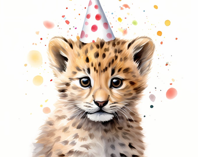 Leopard Clipart, Leopard with Party Hat Images, 10 Watercolor Clip Art, Printable JPGs, Instant Download, Commercial Use, Paper craft
