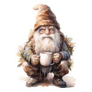 Coffee Gnome Clipart, Gnome with Coffee Images, 10 Watercolor Clip Art, Printable JPGs, Instant Download, Commercial Use, Paper craft