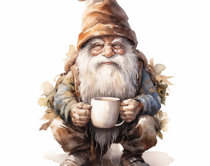 Coffee Gnome Clipart, Gnome with Coffee Images, 10 Watercolor Clip Art, Printable JPGs, Instant Download, Commercial Use, Paper craft