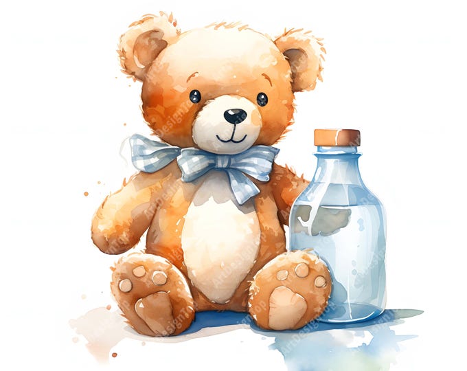 Baby Bear Clipart, Bear With Bottle Images, 10 Watercolor Clip Art, Printable JPGs, Instant Download, Commercial Use, Paper craft