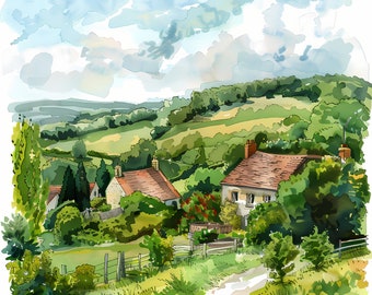 水彩画のイギリスの田園風景のクリップアート：風景 JPG（商用