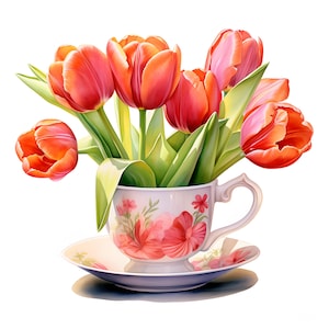 Tulips in Tea Cup Clipart, Bouquet of Tulips Images, 10 Watercolor Clip Art, Printable JPGs, Instant Download, Commercial Use, Paper craft