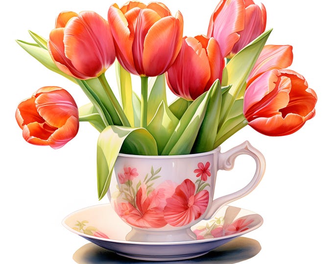 Tulips in Tea Cup Clipart, Bouquet of Tulips Images, 10 Watercolor Clip Art, Printable JPGs, Instant Download, Commercial Use, Paper craft