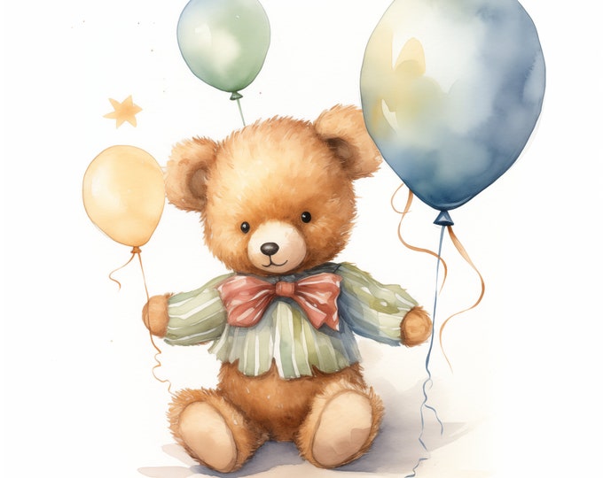 Party Bear Clipart, Bear with Balloons Images, 10 Watercolor Clip Art, Printable JPGs, Instant Download, Commercial Use, Paper craft