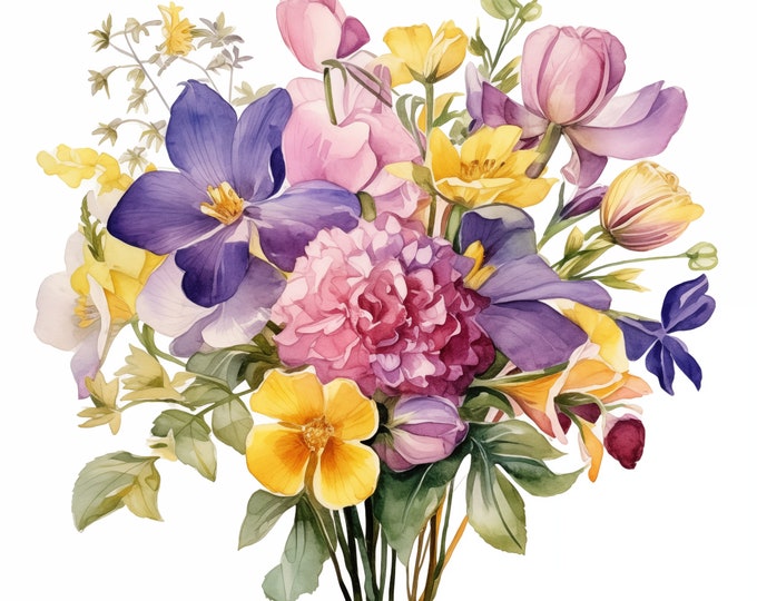 Violet Bouquet Clipart, Flowers Bouquet Images, 10 Watercolor Clip Art, Printable JPGs, Instant Download, Commercial Use, Paper craft