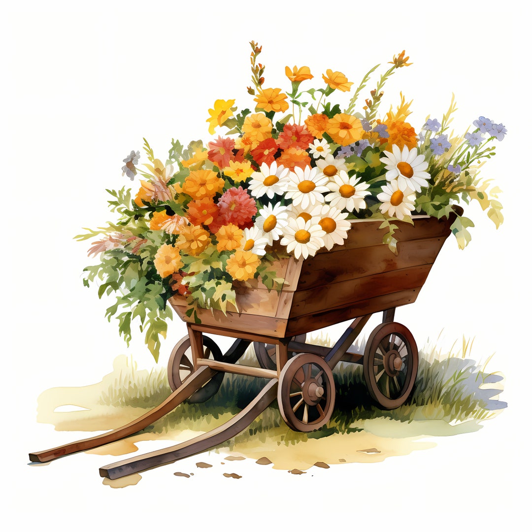 Wheelbarrow Clipart, Wheelbarrow With Flowers Images, 10 Watercolor Clip Art, Printable Jpgs ...