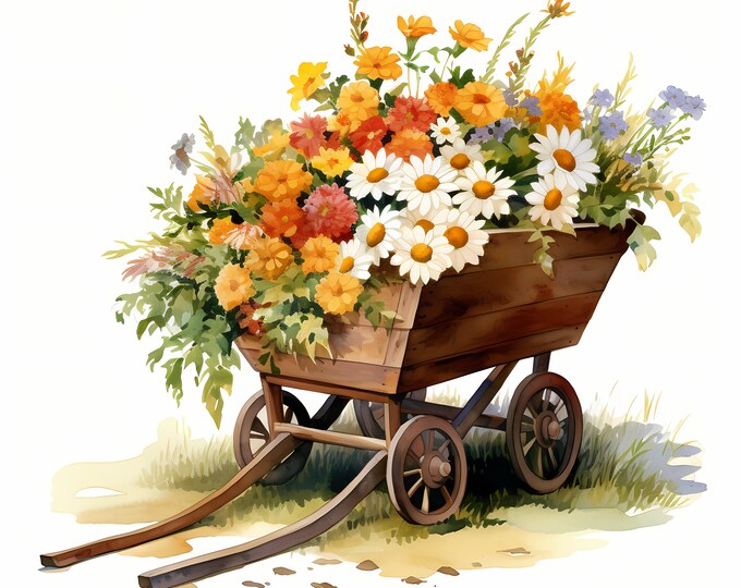Wheelbarrow Clipart, Wheelbarrow with Flowers Images, 10 Watercolor Clip Art, Printable JPGs, Instant Download, Commercial Use, Paper craft