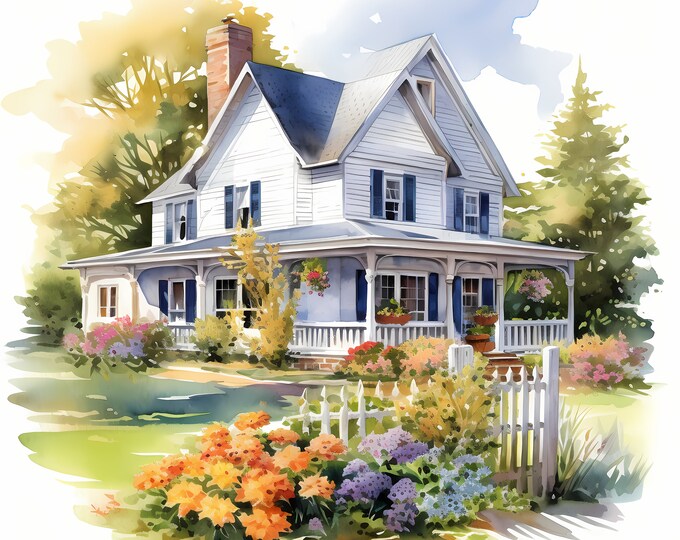 Country Farmhouse Clipart, Garden House Images, 10 Watercolor Clip Art, Printable JPGs, Instant Download, Commercial Use, Paper craft