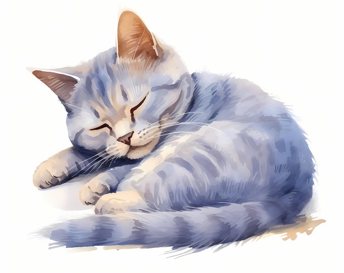 Cat Sleeping Clipart, British Cat Images, 10 Watercolor Clip Art, Printable JPGs, Instant Download, Commercial Use, Paper craft