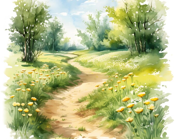 Spring Meadow Clipart, Meadow Trail Images, 10 Watercolor Clip Art, Printable JPGs, Instant Download, Commercial Use, Paper craft