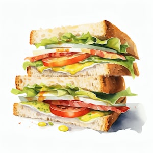 May include: A watercolour illustration of a layered sandwich. The sandwich features toasted bread, lettuce, tomato, bacon, and a yellow sauce. The image shows the sandwich cut in half, revealing the ingredients. The artwork has a bright, appealing style.