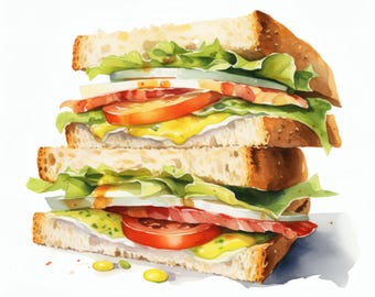 Imágenes prediseñadas de sándwich, imágenes de sándwiches apilados, 10 imágenes prediseñadas de acuarela, archivos JPG imprimibles, descarga instantánea, uso comercial, manualidades de papel