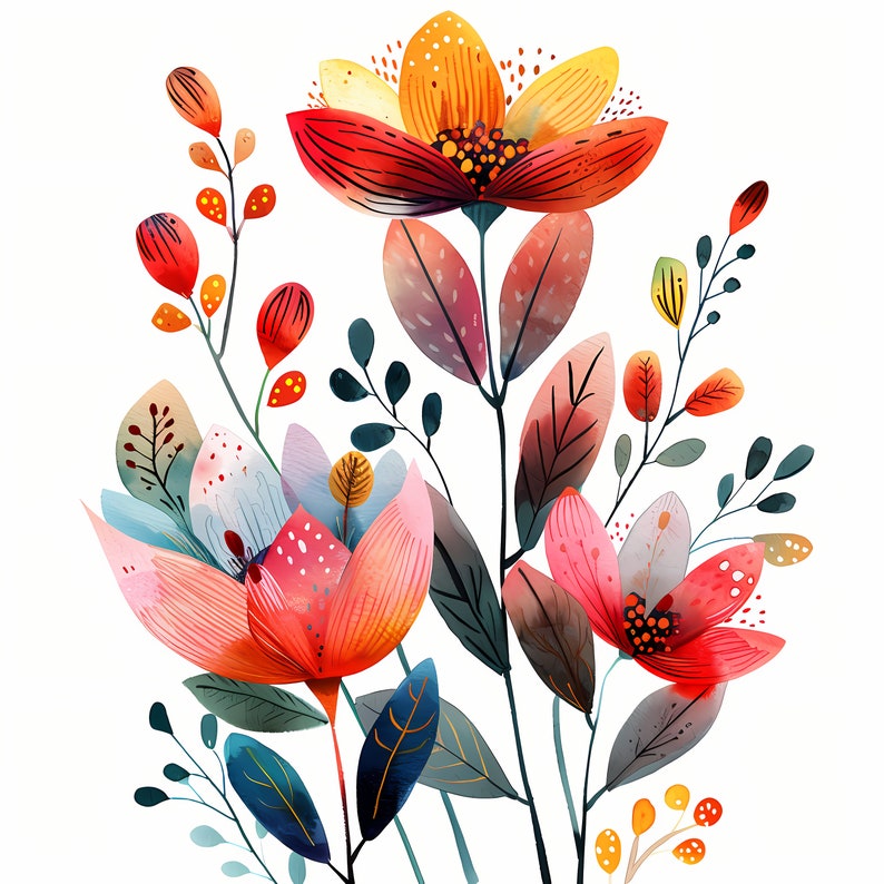 Abstract Flowers Clipart, Floral Bouquet Images, 10 Watercolor Clip Art