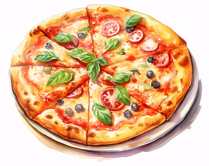 Watercolor Pizza Clipart: Italian Food Art, Commercial Use (JPGs, Digital Download)