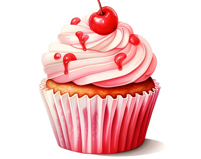 Valentines Cupcake Clipart, Pink Cupcakes Images, 10 Watercolor Clip Art, Printable JPGs, Instant Download, Commercial Use, Paper craft