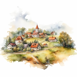 Rustic Village Clipart, Village Landscape Images, 10 Watercolor Clip Art, Printable JPGs, Instant Download, Commercial Use, Paper craft
